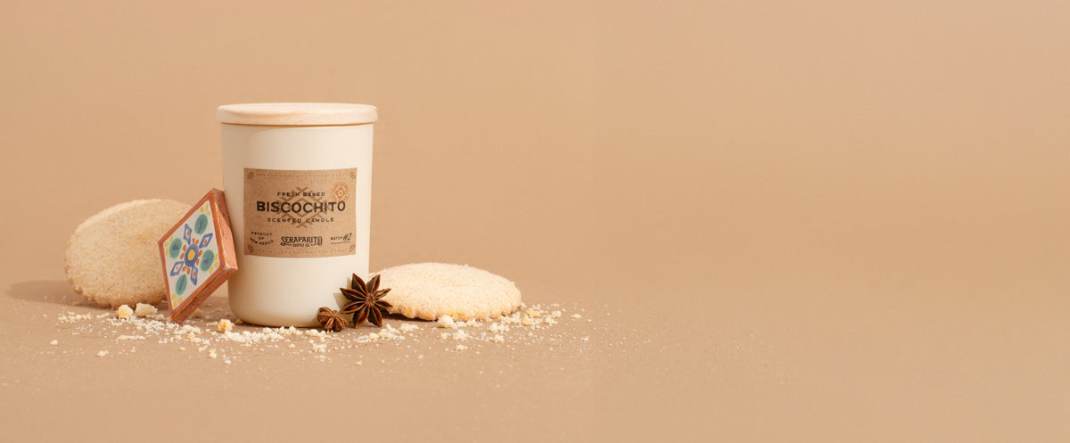 bisochito cookie scented candle in studio